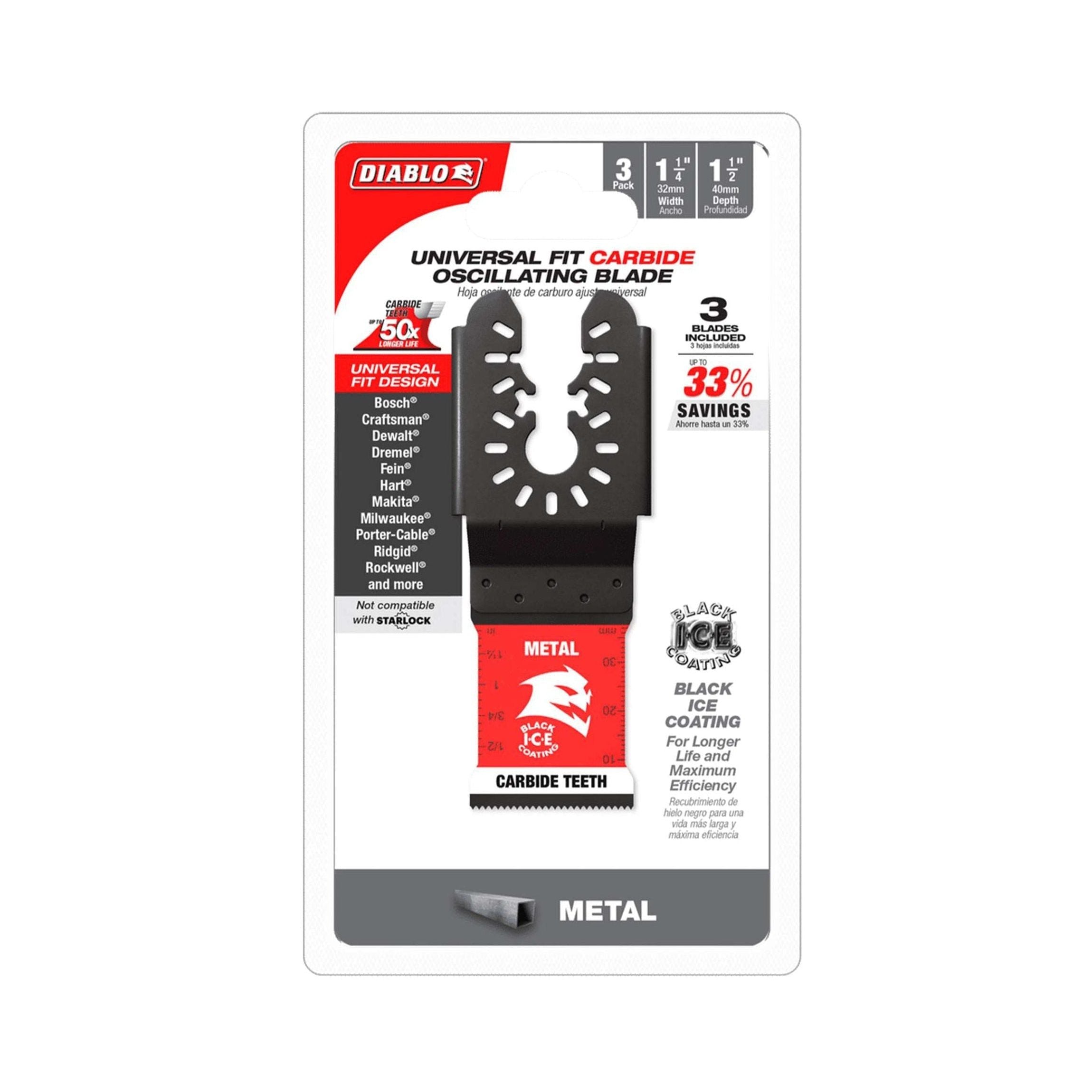 The DIABLO DOU125CF3 AMPED™ Steel Demon™ universal fit carbide blades, with Black I.C.E Coating for extreme durability, suit multiple brands and offer up to 33% savings. This 3-pack features 1-1/4 in. blades designed for metal cutting.